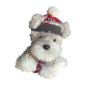 HUGFUN SCHNAUZER GRAY WHITE DOG PLUSH STUFFED ANIMAL WINTER HAT SCARF